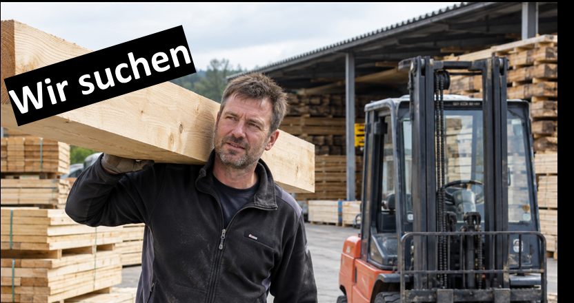 Wir suchen: Mitarbeiter mit Kantholz am Holzlager, im Hintergrund ein Gabelstapler